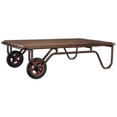 Antique Steel and Oak Industrial Factory Cart