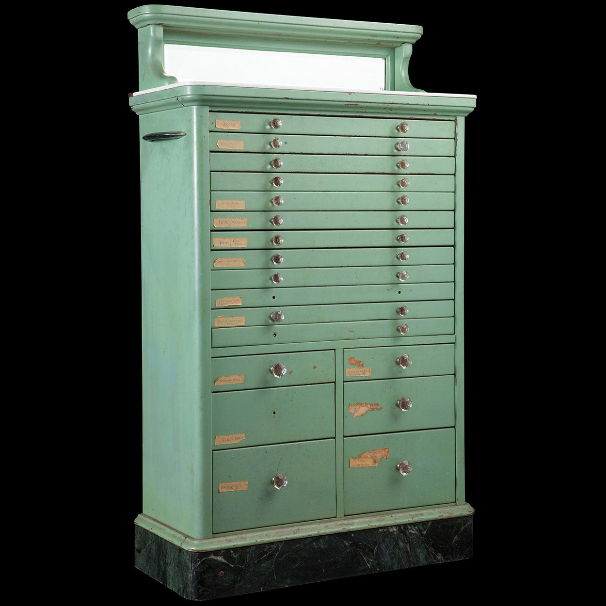 American Dental Cabinet with original milk glass countertop, mirror inlay and glass knobs.