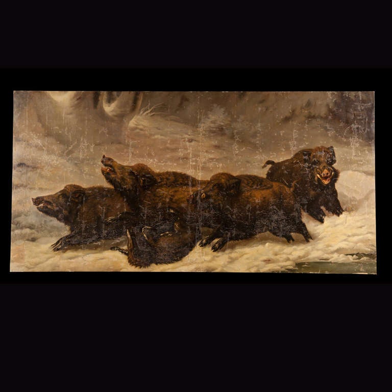 20th Century Giant Oil Painting of Wild Boar Hunting