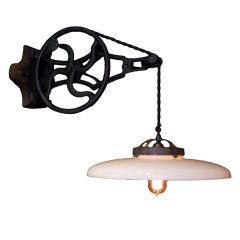 Vintage Pulley Light with Milk Glass Shade