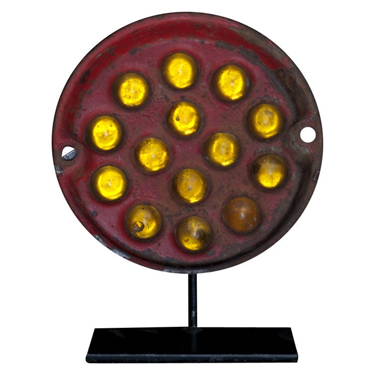 Vintage Red Railroad Reflector with Unique Yellow Glass