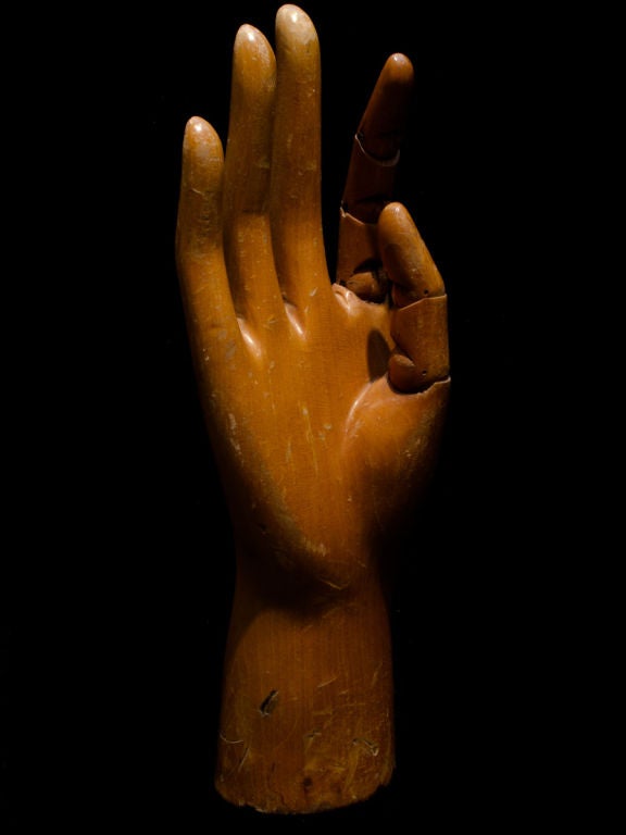 Articulated hand from artist mannequin, pine.