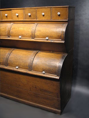 General store grain bin, with rounded bins and squared off drawers, original porcelain<br />
pulls, clean lines , strong form.