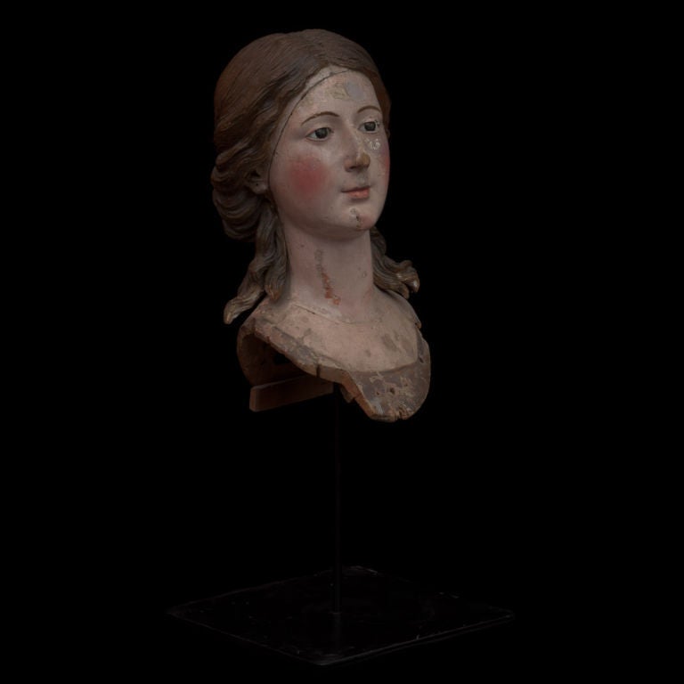 19th Century Italian Wood Carved Santos Head with Glass Eyes