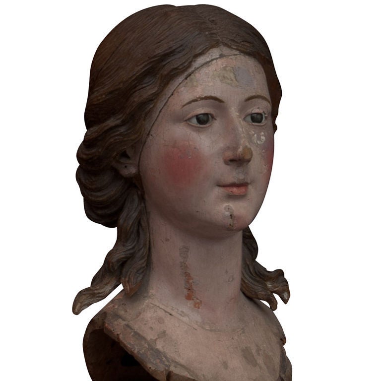 Italian Wood Carved Santos Head with Glass Eyes