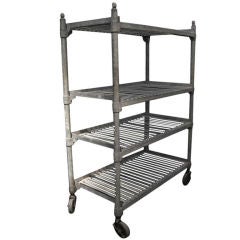 Antique industrial Zinc Slatted Work Shelf with Rubber Wheels