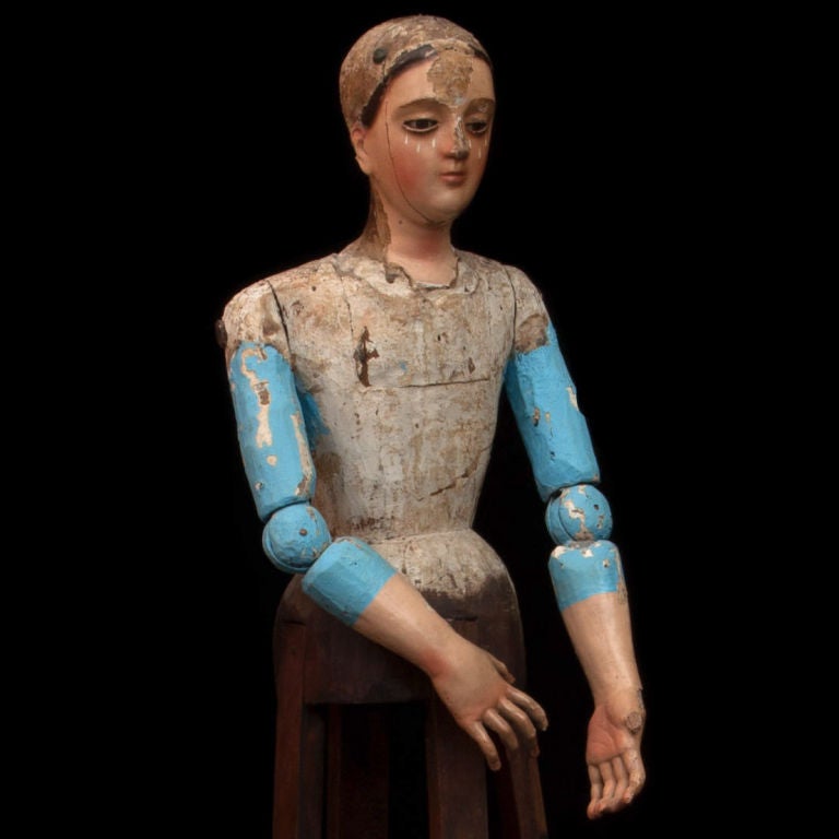 Santos, large caged guatemalan saint with detailed face and hands directly from church, many layers of paint, solid wood.