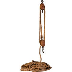 Antique American Wooden Pulley with Original Rope