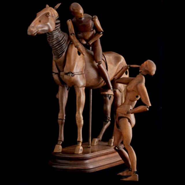 Rare articulated Horse and Rider model set, with both male and female riders, walnut, leather, and horsehair, fully articulated. 27