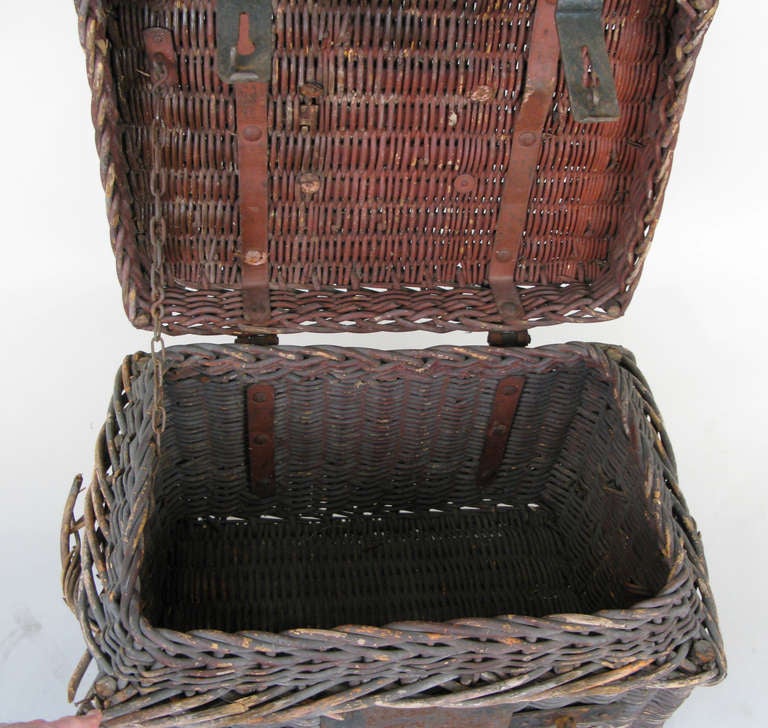 Antique Woven Rattan Trunk with Forged Iron Straps 2