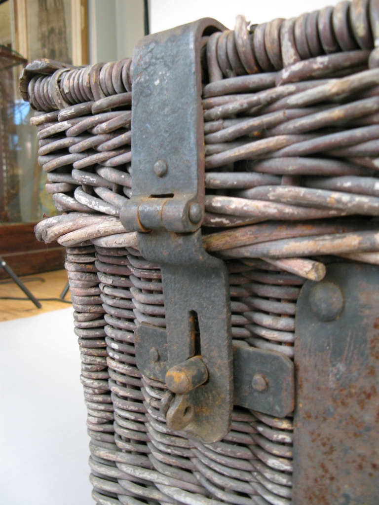 Antique Woven Rattan Trunk with Forged Iron Straps 3