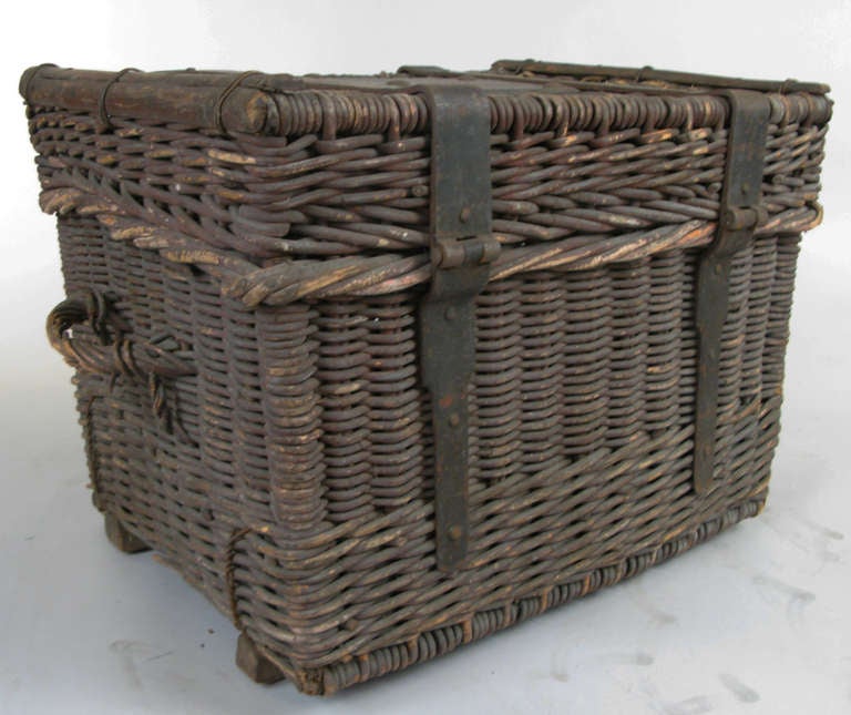 Antique Woven Rattan Trunk with Forged Iron Straps 4
