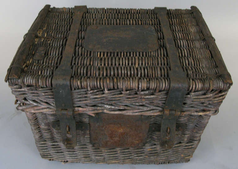 American Antique Woven Rattan Trunk with Forged Iron Straps