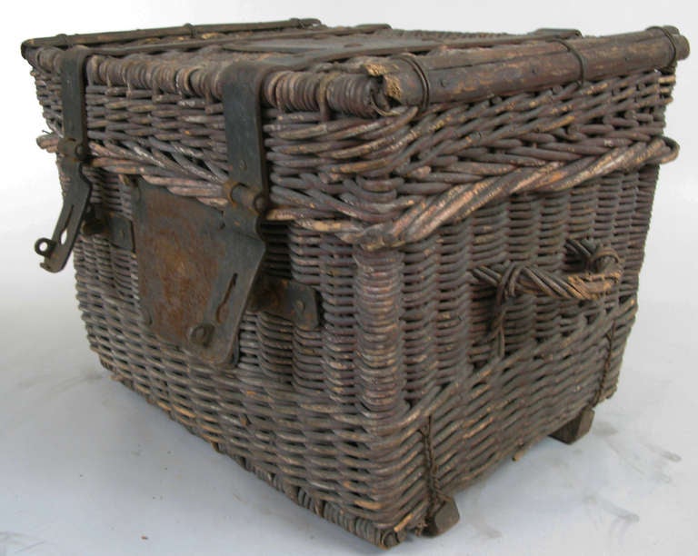 Antique Woven Rattan Trunk with Forged Iron Straps In Good Condition In Hudson, NY