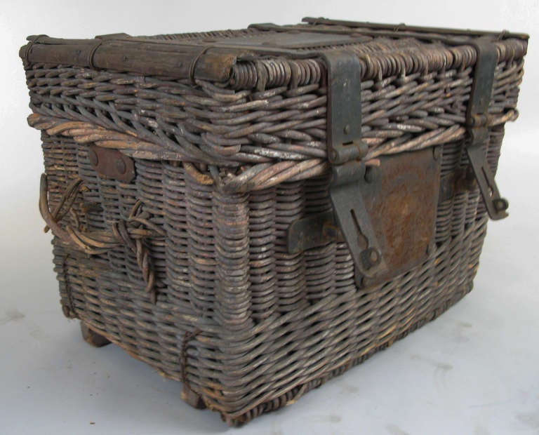 20th Century Antique Woven Rattan Trunk with Forged Iron Straps