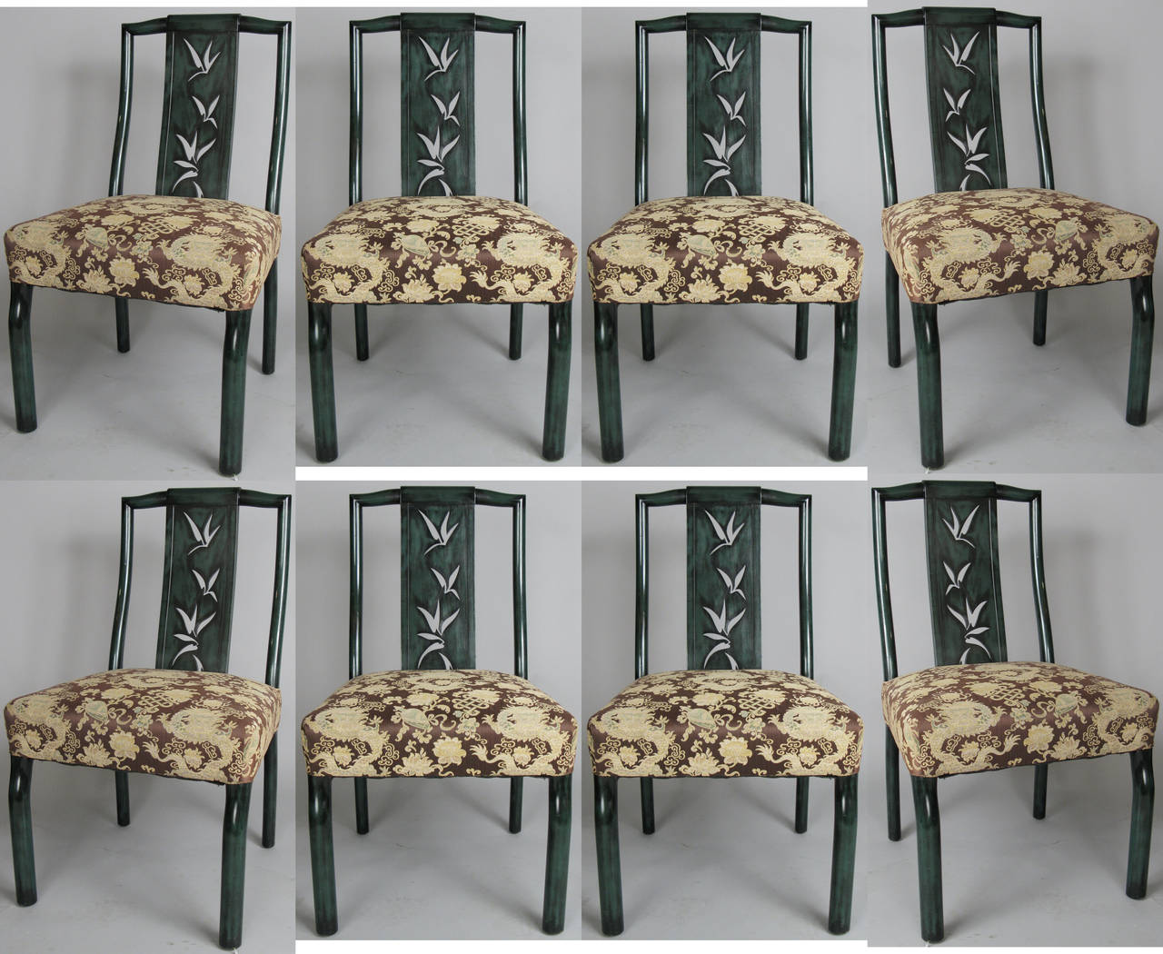 A very nice set of eight 1940s dining chairs designed by James Mont. Very well-made with solid mahogany frames, finished in a dark green and black lacquer, with bamboo motif in the center of the seatbacks. Upholstered in their original Chinese silk,