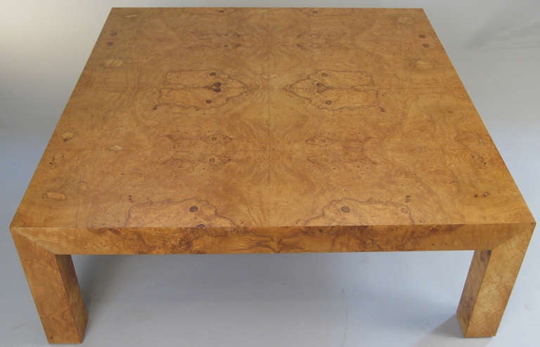 a very handsome mid-century modern parsons cocktail table designed by Milo Baughman for Thayer Coggin. very nice large square table finished entirely in gorgeously bookmatched burled olivewood.