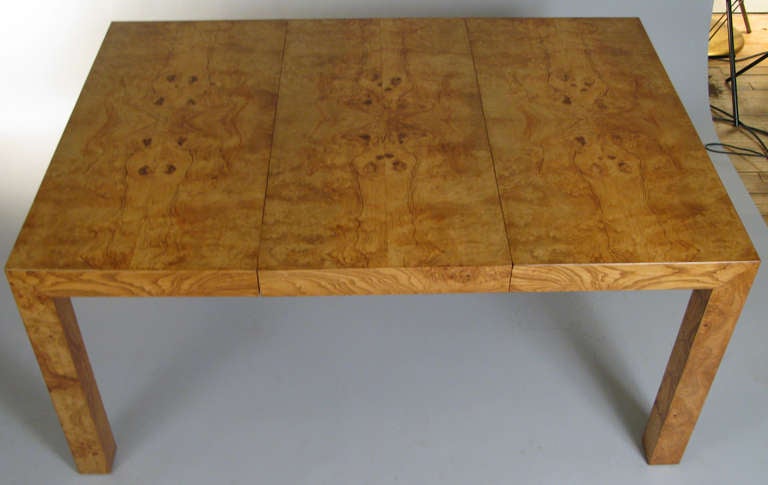 American Vintage Modern Burled Parsons Extension Dining Table by Milo Baughman