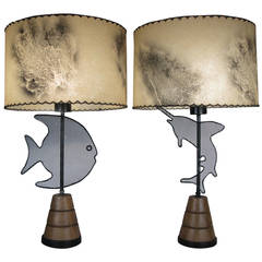 Pair of 1950s Modern Wire Fish Lamps in the Style of Frederick Weinberg