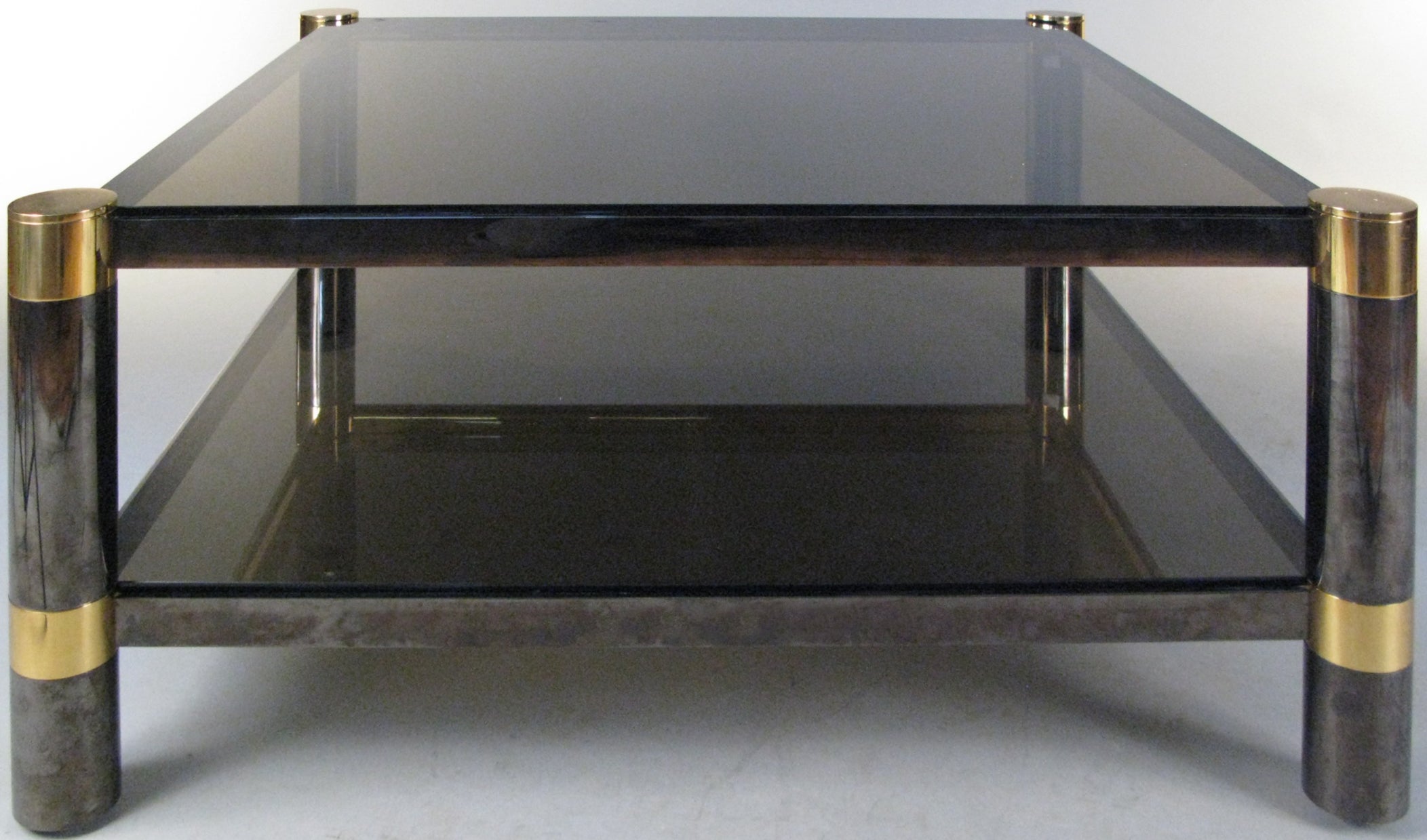 Elegant Gunmetal 
Glass Square Cocktail Table by Karl Springer (signed)
