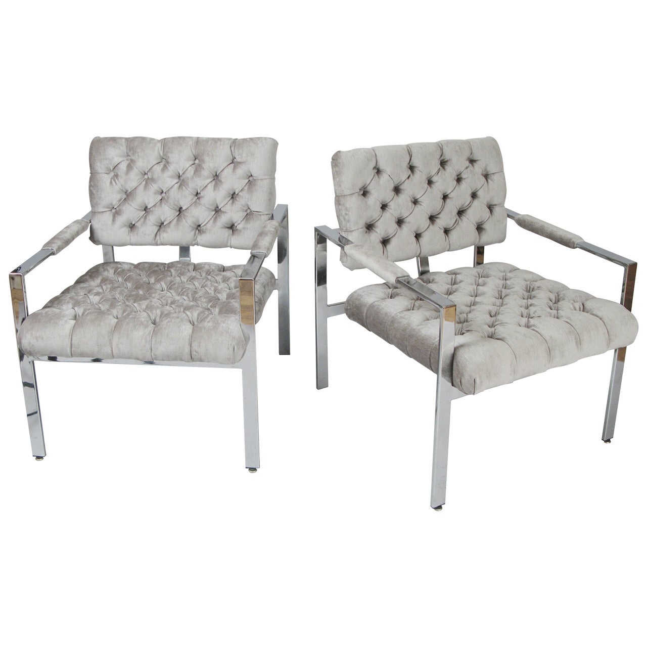 Pair of Vintage Chrome and Tufted Velvet Lounge Chairs by Milo Baughman