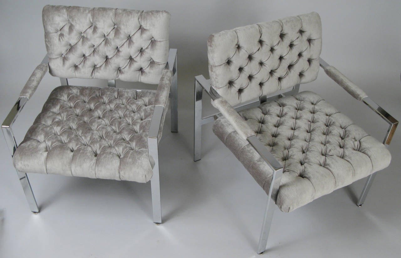 American Pair of Vintage Chrome and Tufted Velvet Lounge Chairs by Milo Baughman