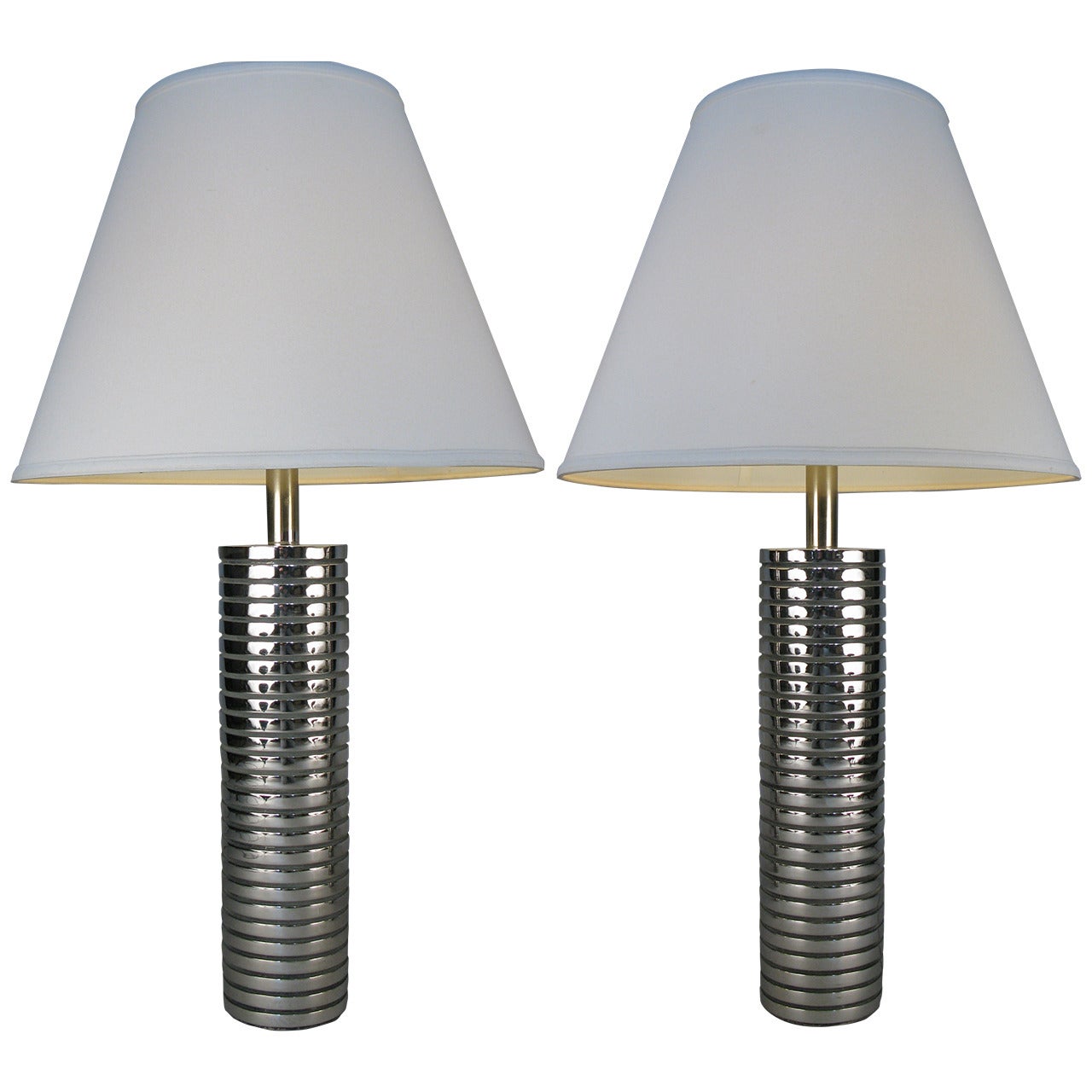Pair of 1950s Chromed Steel Cylinder Table Lamps