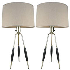 Pair of Vintage 1950s Ebonized Wood and Brass Tripod Lamps by Gerald Thurston