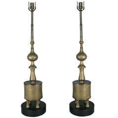 Pair of Tall 1950's Etched Brass Lamps
