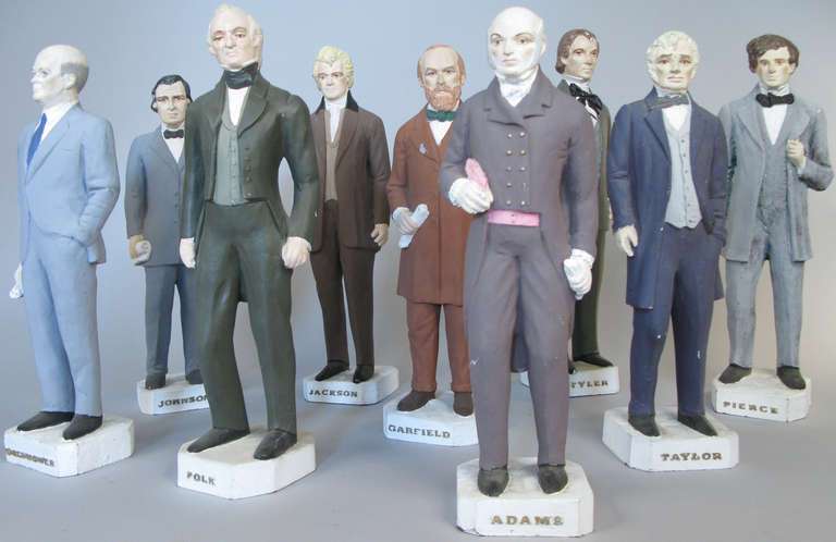 a collection of nine 2' tall plaster statues of former U.S. presidents. made by the David Hamberger Display Company in the 1960's.