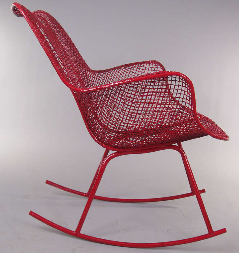 The classic and iconic vintage steel mesh high back Sculptura Rocking Chair designed in 1950 by Russell Woodard.  Finished in red, can be finished in any color of choice.