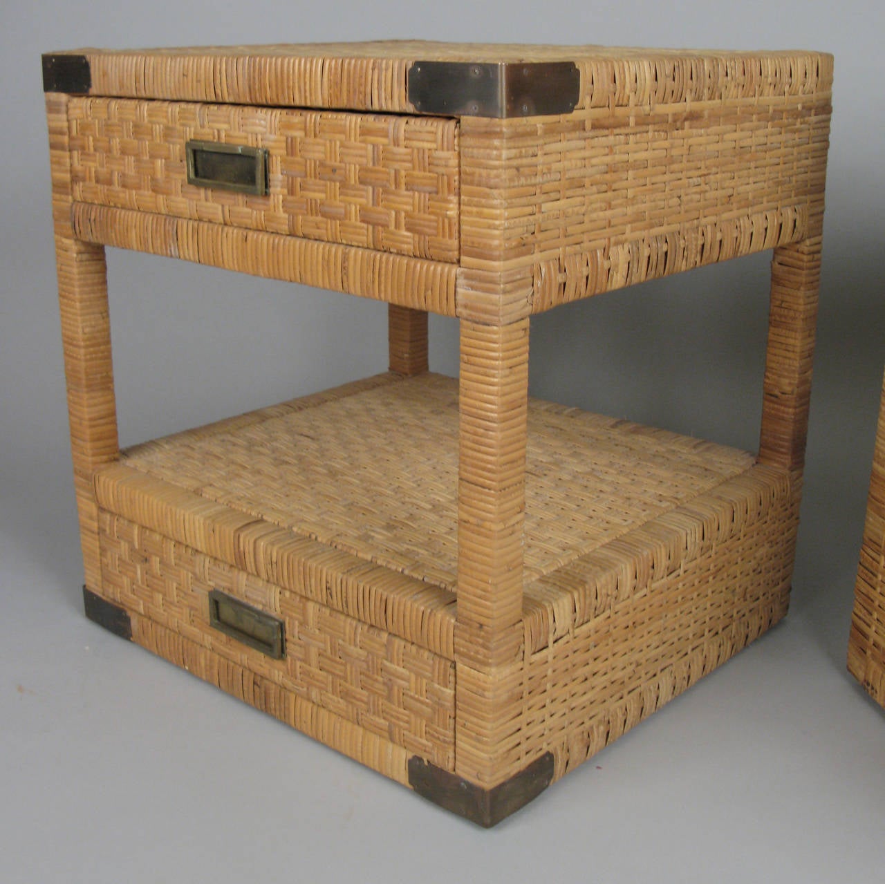 American Pair of Vintage Rattan and Brass Nightstands