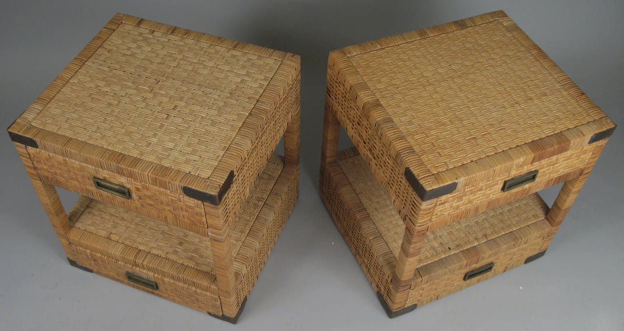 Mid-20th Century Pair of Vintage Rattan and Brass Nightstands