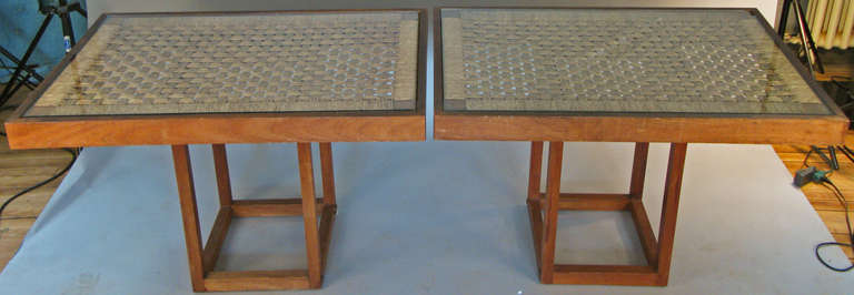 a very nice pair of 1940's tables with oak frame tops of woven rope under glass, and open bases that can be attached in two different ways to make each table either console/dining or cocktail height. 

height can be either 18.5