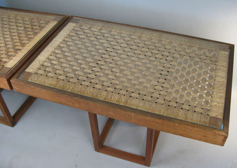 French Pair of 1940's Woven Rope Convertible Console & Cocktail Tables