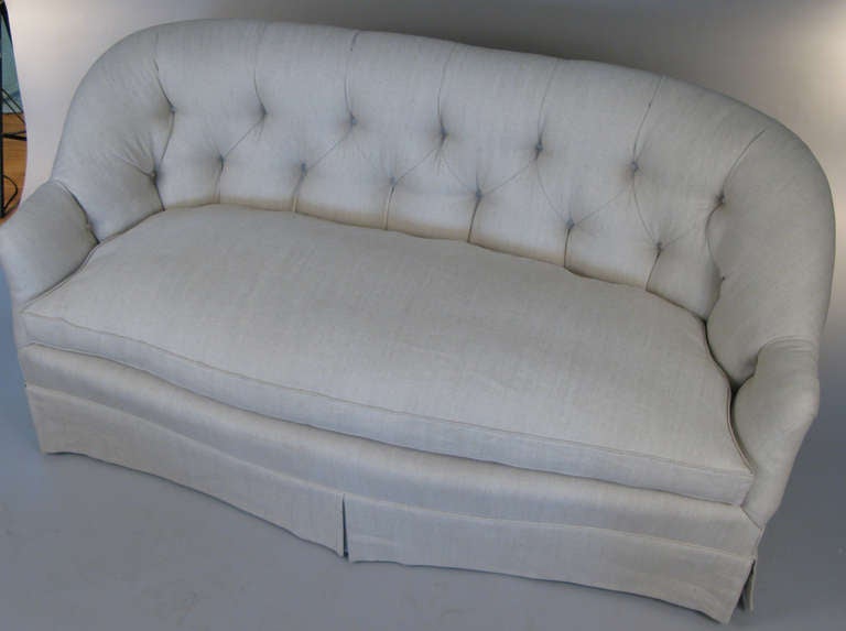 Vintage Tufted Down and Linen Sofa In Excellent Condition In Hudson, NY