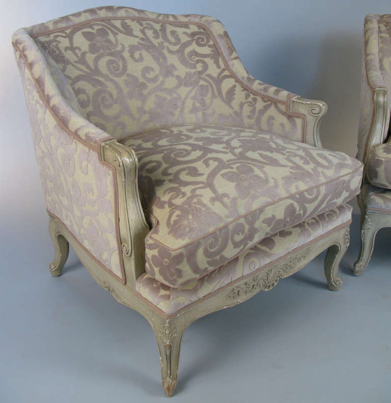 American Pair of French Regency Cut-Velvet Lounge Chairs