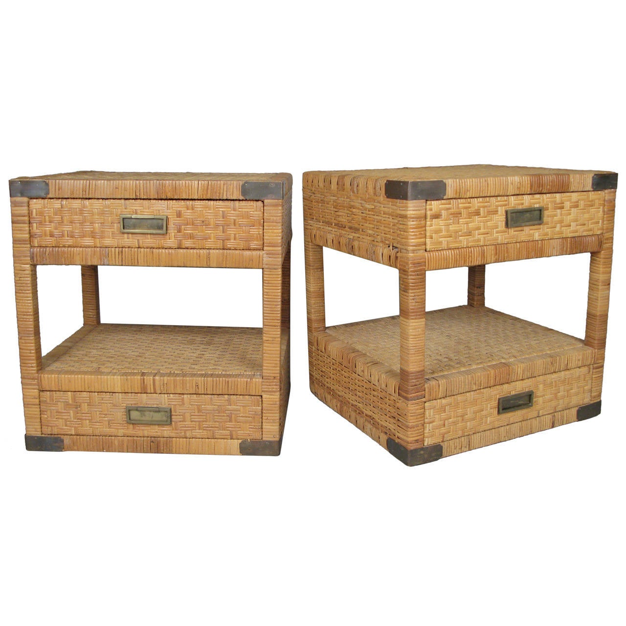 Pair of Vintage Rattan and Brass Nightstands at 1stDibs