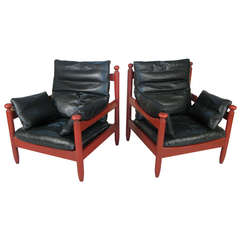 Pair of Danish Oak and Leather Lounge Chairs