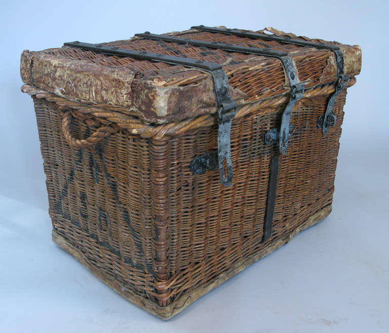 French Antique Rattan and Cast Iron Trunk