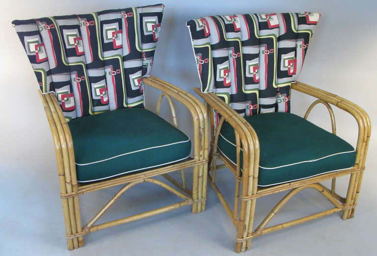 Mid-Century Modern Fabulous Pair of 1940's Rattan Lounge Chairs in Vintage Barkcloth