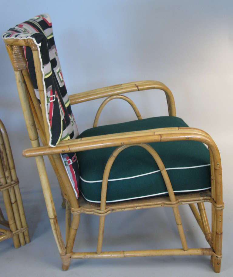 Fabulous Pair of 1940's Rattan Lounge Chairs in Vintage Barkcloth In Excellent Condition In Hudson, NY