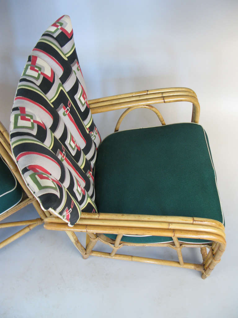 Mid-20th Century Fabulous Pair of 1940's Rattan Lounge Chairs in Vintage Barkcloth