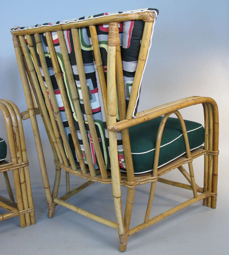 Fabulous Pair of 1940's Rattan Lounge Chairs in Vintage Barkcloth 2