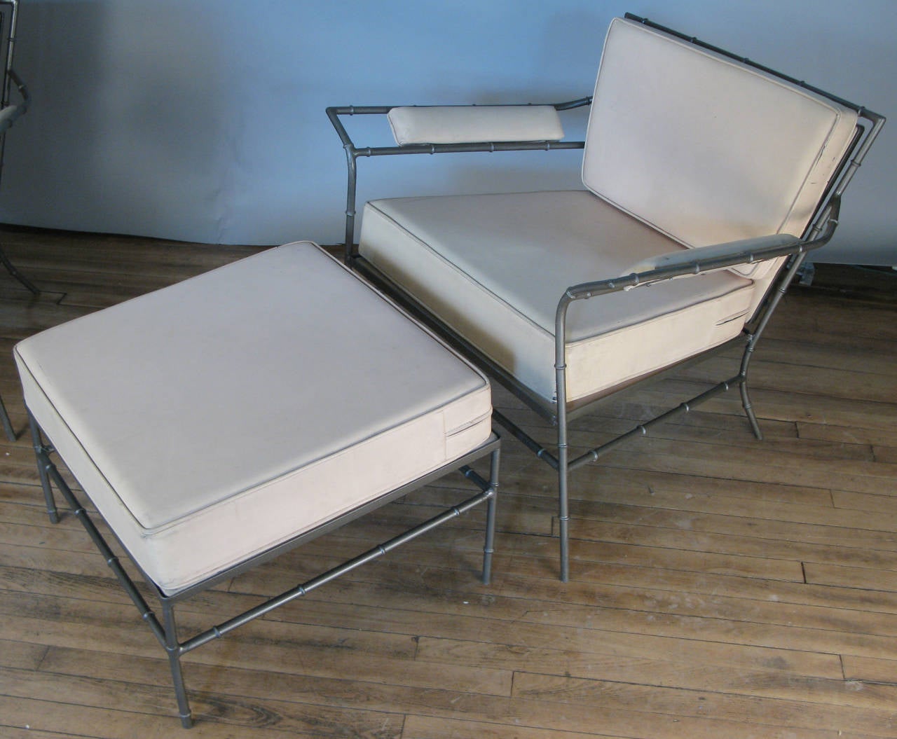 Pair of Vintage Steel Bamboo Lounge Chairs and Ottoman 3