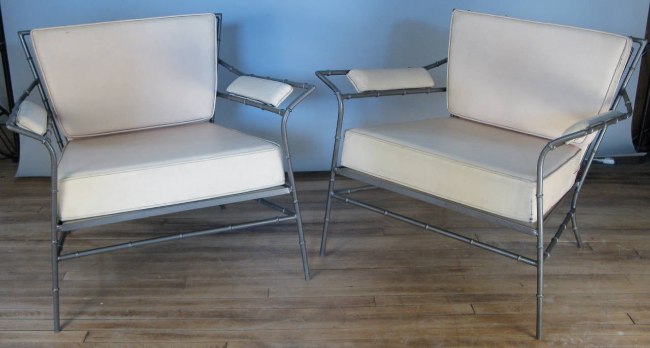 Pair of Vintage Steel Bamboo Lounge Chairs and Ottoman 4