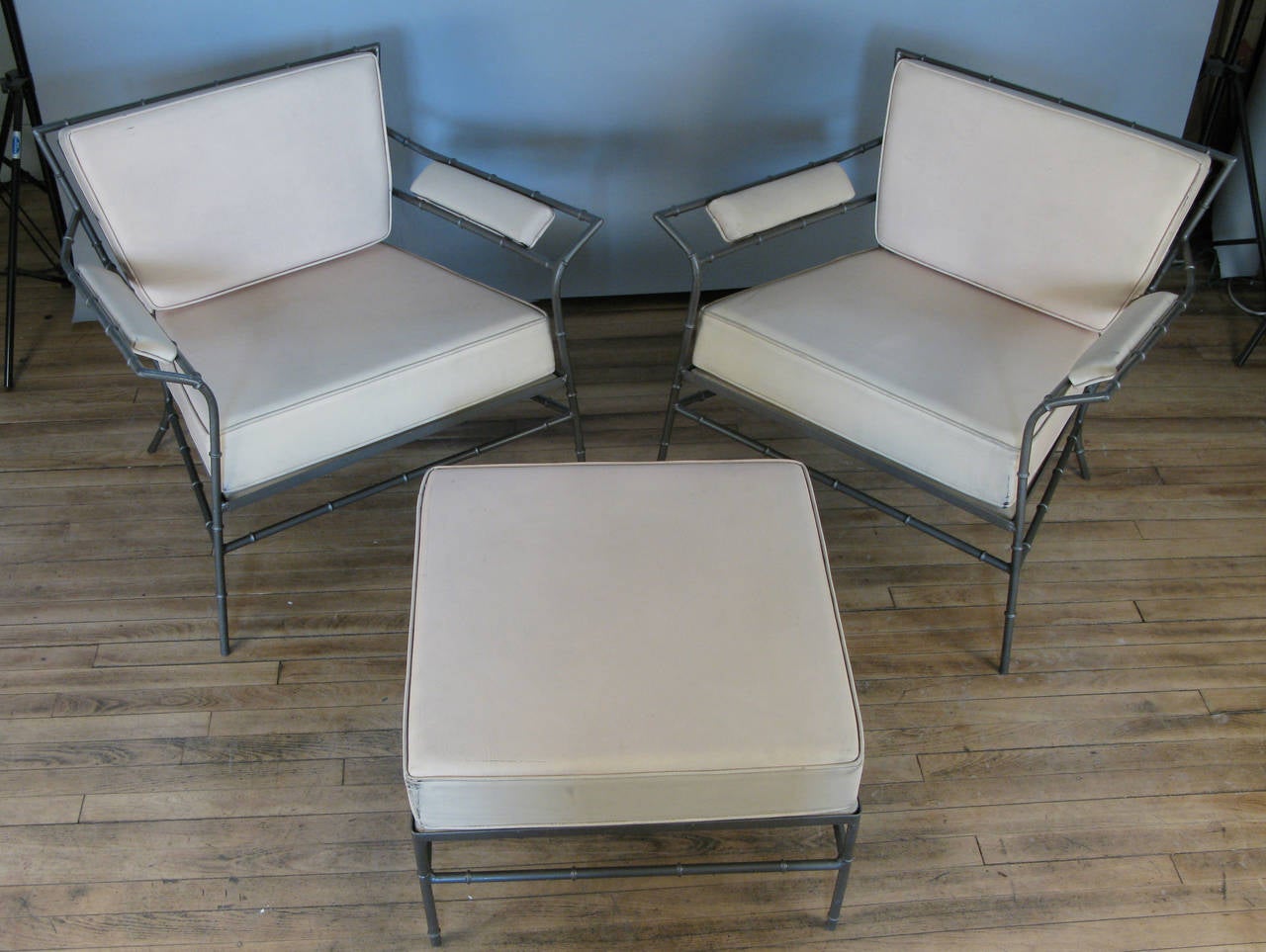 Pair of Vintage Steel Bamboo Lounge Chairs and Ottoman 1