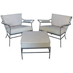 Pair of Vintage Steel Bamboo Lounge Chairs and Ottoman
