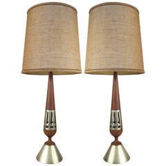 Pair of 1950s Modern Walnut and Brass Lamps by Tony Paul