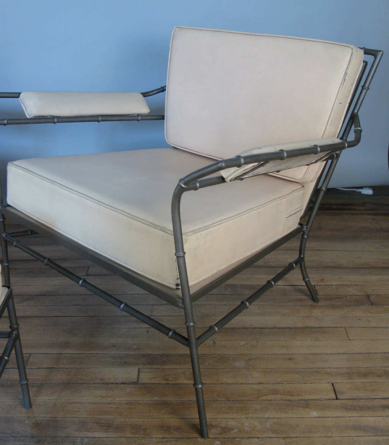 Pair of Vintage Steel Bamboo Lounge Chairs and Ottoman In Good Condition In Hudson, NY